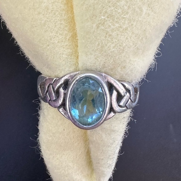 Jewelry - Vintage Sterling Silver 925 Blue Topaz  Ring Size 7.5 Celtic Band Bezel Set Oval